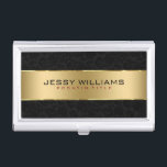 Caja Para Tarjetas De Visita Elegante banda de oro negro y metálico<br><div class="desc">Elegantes tonos dorados en negrita estriban sobre el fondo negro de las damascas florales. plantilla de personalizable. La apariencia y el brillo metálicos son una ilusión digital y no son metalizado ni brillantes.</div>