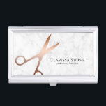 Caja Para Tarjetas De Visita Elegante estilista moderno de las tijeras de oro r<br><div class="desc">Diseño moderno y elegante para los peinados con tijeras falsas de oro rosa,  mármol blanco y elegante fuente caligráfica.</div>