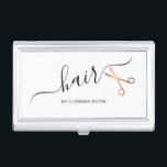 Caja Para Tarjetas De Visita Elegante estilista moderno de las tijeras de oro r<br><div class="desc">Diseño moderno y elegante para peinados con tijeras de oro rosa falsas y elegante fuente caligráfica.</div>