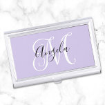 Caja Para Tarjetas De Visita Elegante guión Monograma Lavanda pálida<br><div class="desc">Crea tu propio elegante portatarjetas monogramadas de lavanda pálida. Personalizar el monograma personalizado en blanco y negro ... incluyendo los colores del tipo de letra, los estilos de caligrafía y los tamaños. Un morado oscuro en lugar del negro sería adorable. Puede ajustar el tamaño y la posición de su monograma...</div>