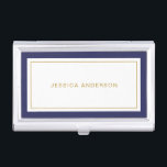 Caja Para Tarjetas De Visita Elegante Nombre Azul Y Oro De La Marina Minimalist<br><div class="desc">Este funda de tarjetas de visita presenta un diseño minimalista y elegante con gruesos bordes azul marino y delgado dorado. Personalízalo con su nombre o nombre de negocio.</div>