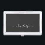 Caja Para Tarjetas De Visita Elegante Nombre de guión blanco y negro personaliz<br><div class="desc">Elegante estuche de tarjeta de visita personalizada con nombre en blanco y negro</div>