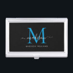 Caja Para Tarjetas De Visita Elegante nombre de guión de monograma azul del océ<br><div class="desc">Estuche elegante para tarjeta de visita Black Bright Ocean Blue Monogram Girly Script Name</div>