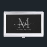 Caja Para Tarjetas De Visita Elegante nombre de guión de monograma gris platead<br><div class="desc">Estuche elegante de tarjeta de presentación de color negro plateado gris Monograma Girly Script Nombre tarjeta de visita</div>
