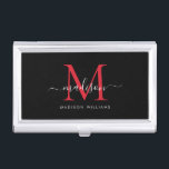 Caja Para Tarjetas De Visita Elegante nombre del guión del monograma rojo negro<br><div class="desc">Estuche elegante de tarjeta de visita Black Burgundy Maroon Red Monogram Girly Script Nombre de la tarjeta de visita</div>