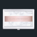 Caja Para Tarjetas De Visita falsa tira del oro color de rosa de mármol blanco<br><div class="desc">Diseño elegante y moderno que ofrece el falso mármol blanco y la falsa tira color de rosa del oro.</div>