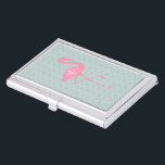 Caja Para Tarjetas De Visita Flamenco rosado del monograma   Quatrefoil<br><div class="desc">Un regalo que ofrece un ilustracion de un flamenco rosado sobre un fondo del quatrefoil de la menta.  Personalice con su monograma dentro del círculo en el cuerpo del flamenco.</div>