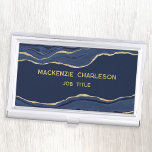 Caja Para Tarjetas De Visita Geode Purpurina de oro de la Marina Blue Marble Ag<br><div class="desc">Elegante diseño geodésico de ágata azul marino con falso purpurina de oro. Cambie los detalles a personalizar.</div>