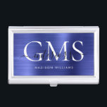 Caja Para Tarjetas De Visita Guión de Monograma Metalizado cepillado azul marin<br><div class="desc">Estuche moderno elegante de la tarjeta de visita Monograma Metalizado cepillado azul de la Marina</div>