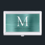 Caja Para Tarjetas De Visita Guión Metalizado de monograma con pincel verde Ver<br><div class="desc">Estuche elegante Verde azulado Aqua Green Brusht Metalizado Monograma Script Tarjeta de visita</div>