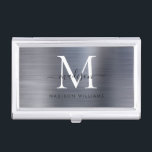 Caja Para Tarjetas De Visita Guión Metalizado monograma cepillado gris plateado<br><div class="desc">Estuche moderno para tarjeta de visita con guión de monograma Metalizado cepillado de color gris plateado</div>