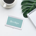 Caja Para Tarjetas De Visita Hazy Aqua Sketched Cursive Script<br><div class="desc">Elegant business card case features your name,  title,  or choice of personalization in white hand scripted cursive lettering on a dusty teal terracotta background.</div>