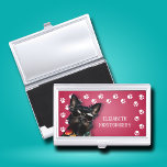 Caja Para Tarjetas De Visita Impresiones de la pintura de Dog Walker<br><div class="desc">Este titular de tarjeta de visita,  personalizado con su nombre,  presenta un lindo schnauzer negro en miniatura sobre rosa caliente con un borde de impresión de pata blanca. Diversión como regalo o una gran manera de llevar tus propias tarjetas de visita.</div>