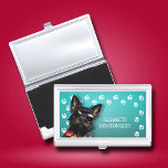 Caja Para Tarjetas De Visita Impresiones de la pintura de Dog Walker<br><div class="desc">Este titular de tarjeta de visita,  personalizado con su nombre,  presenta un lindo schnauzer negro en miniatura sobre un turquesa brillante con un borde de impresión de pata blanca. Diversión como regalo o una gran manera de llevar tus propias tarjetas de visita.</div>