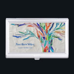Caja Para Tarjetas De Visita Instructor de yoga del árbol del arcoiris<br><div class="desc">Este funda decorativo de tarjetas de visita tiene una impresión de un árbol de color arcoiris sobre un fondo gris pálido. Hice el diseño original en mosaico usando muchos pequeños fragmentos de vidrio de colores brillantes. Agregue su nombre, ocupación para personalizar este funda de tarjetas. Este diseño de árbol también...</div>