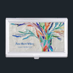 Caja Para Tarjetas De Visita Instructor de yoga del árbol del arcoiris<br><div class="desc">Este funda decorativo de tarjetas de visita tiene una impresión de un árbol de color arcoiris sobre un fondo gris pálido. Hice el diseño original en mosaico usando muchos pequeños fragmentos de vidrio de colores brillantes. Agregue su nombre, ocupación para personalizar este funda de tarjetas. Este diseño de árbol también...</div>