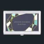 Caja Para Tarjetas De Visita La gema de oro resume al diseñador de la joyería<br><div class="desc">Tenedor de la tarjeta de visita en los azules marinos que ofrecen los esquemas de una joya en falso oro,  blanco,  y turquesa.</div>