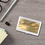 Caja Para Tarjetas De Visita Logotipo de marca comercial con iniciales metálica<br><div class="desc">Elegante y glamoroso fluido falso fondo metálico dorado. Personalice y agregue su negocio,  logotipo de la empresa,  iniciales de monograma y nombre completo.</div>