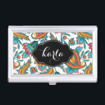 Caja Para Tarjetas De Visita Mano colorida pintada de la antigua etnia Paisley<br><div class="desc">Elegante ilustracion moderno de colores cálidos y pintado de colores paisajes,  con fondo blanco personalizable. Toma de nombres negros y nombre personalizado /monograma</div>