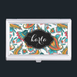 Caja Para Tarjetas De Visita Mano colorida pintada de la antigua etnia Paisley<br><div class="desc">Elegante ilustracion moderno de colores cálidos y pintado de colores paisajes,  con fondo blanco personalizable. Toma de nombres negros y nombre personalizado /monograma</div>