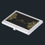 Caja Para Tarjetas De Visita Marco Elegante De Lado Negro Y Oro De Vintage<br><div class="desc">Elegante marco de encaje ornamentado negro y dorado,  patrón geométrico y remolinos. Texto de personalizable en tonos de oro sugeridos.</div>