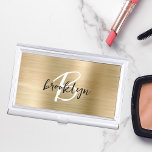Caja Para Tarjetas De Visita Monograma blanco negro Metalizado cepillado de oro<br><div class="desc">Este moderno y moderno funda de tarjetas de visita presenta un monograma y un nombre en blanco y negro con un elegante fondo metalizado de imitación dorada.</div>