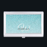 Caja Para Tarjetas De Visita Monograma de nombre de sonido Purpurina azul perso<br><div class="desc">Moda de diseño purpurina azul falso con efecto sombrío, el purpurina azul se desvanece sobre un fondo blanco. Puede personalizar este elegante funda portátil con su nombre y monograma u otro texto. Funda de tarjetas de visita de regalo personalizado perfecto. Diseñado exclusivamente para usted por Happy Dolphin Studio. Si necesita...</div>