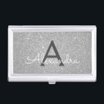 Caja Para Tarjetas De Visita Monograma de Purpurina plateado y espárragos<br><div class="desc">Purpurina de Faux Plata y Sparkle Elegant Monograma titular de la tarjeta de visita. Este titular de tarjeta de visita puede ser personalizado para incluir su nombre inicial y su nombre.</div>