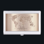 Caja Para Tarjetas De Visita Monograma de viajes del Mapa Mundial de purpurinas<br><div class="desc">Elegante mapa del mundo purpurina sobre fondo dorado con tu nombre.</div>