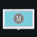 Caja Para Tarjetas De Visita Monograma del patrón Aqua y Gray Chevron<br><div class="desc">Patrones geométricos audaces con monogramas. Este diseño de moda incluye colores populares. Si necesita ajustar la ilustración,  haga clic en el botón personalizar y realice cambios.</div>