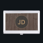 Caja Para Tarjetas De Visita Monograma moderno de oro de madera marrón<br><div class="desc">Moderno y único titular de tarjeta de visita con fondo de madera marrón,  círculo gris y monograma dorado. Diseño único y elegante.</div>