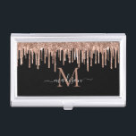 Caja Para Tarjetas De Visita Monograma Rosa negro  Oro  Purpurina Metalizado<br><div class="desc">Elegante Monograma Rosa Rosa Rosa Dorado Purpurina de goteo Cepillado Metalizado Borde de perforación Superposición de borde Negro Guión Blanco Nombre Tarjeta de presentación</div>