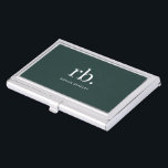 Caja Para Tarjetas De Visita Monograma Verde Oscuro Estilo Minimalista moderno<br><div class="desc">Un diseño de monograma minimalista con grandes iniciales tipográficas en una fuente clásica con su nombre debajo sobre un fondo verde oscuro. ¡El regalo o accesorio perfectamente personalizado!</div>
