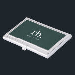 Caja Para Tarjetas De Visita Monograma Verde Oscuro Estilo Minimalista moderno<br><div class="desc">Un diseño de monograma minimalista con grandes iniciales tipográficas en una fuente clásica con su nombre debajo sobre un fondo verde oscuro. ¡El regalo o accesorio perfectamente personalizado!</div>