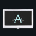 Caja Para Tarjetas De Visita Nombre del Monograma de la Girona del Guión Azul V<br><div class="desc">Negro y Aqua Azul Verde azulado Simple Script Monograma Nombre de la tarjeta de presentación. Esto hace que el dulce perfecto cumpleaños 16,  boda,  ducha de novia,  aniversario,  ducha de bebé o fiesta de soltera sea regalo para alguien que ama el lujo glam y los estilos de moda.</div>