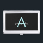 Caja Para Tarjetas De Visita Nombre del Monograma de la Girona del Guión Azul V<br><div class="desc">Negro y Aqua Azul Verde azulado Simple Script Monograma Nombre de la tarjeta de presentación. Esto hace que el dulce perfecto cumpleaños 16,  boda,  ducha de novia,  aniversario,  ducha de bebé o fiesta de soltera sea regalo para alguien que ama el lujo glam y los estilos de moda.</div>