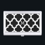 Caja Para Tarjetas De Visita Patrón de quatrefoil de Ikat moderno blanco y negr<br><div class="desc">Elegante patrón de cuatrefoil geométrico de estilo blanco sobre fondo negro personalizable.</div>