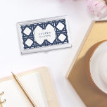 Caja Para Tarjetas De Visita Patrón de tejados de mimbre blanco y marrón de ver<br><div class="desc">Moda, el clásico estilo preppy del portatarjetas de visita presenta un patrón de entramado de mimbre de ligamento de mimbre en azul marino sobre blanco. Añada un nombre, monograma o nombre de la empresa en las letras azul marino correspondientes para un aspecto pulido y profesional. Sugerencia del diseñador: para mantener...</div>