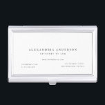 Caja Para Tarjetas De Visita Profesional de la abogacía blanca minimalista<br><div class="desc">Este sencillo y minimalista funda de tarjetas de visita muestra su nombre y su título en negro sobre fondo blanco. Personalízalo para tus necesidades. Perfecto para ejecutivos, contadores, abogados, inmobiliarios, analistas financieros, consultores, diseñadores gráficos, escritores, diseñadores de interiores y cualquier profesional de negocios. Puedes encontrar productos coincidentes en mi tienda....</div>