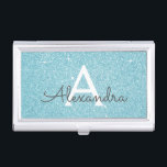 Caja Para Tarjetas De Visita Purpurina azul Aqua verde azulado y monograma espu<br><div class="desc">Purpurina verde azulado Aqua Blue Faux y Sparkle Elegant Monograma Titular de la tarjeta de visita para un profesional de la belleza, como Piel, Microblading, Extensiones Eyelash, Gestor o Empleado de Salón de Belleza de Cabello o Maquillaje. Este titular de tarjeta de visita puede ser personalizado para incluir su nombre...</div>
