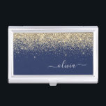 Caja Para Tarjetas De Visita Purpurina azul de la marina de oro guión Monograma<br><div class="desc">Titular de la tarjeta de visita de los Purpurinas de la bandera azul y oro de la Marina. Esto hace que el dulce perfecto cumpleaños 16, boda, ducha de novia, aniversario, ducha de bebé o fiesta de soltera sea regalo para alguien que ama el lujo glam y los estilos de...</div>