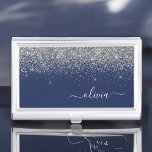 Caja Para Tarjetas De Visita Purpurina azul de la Marina Plata Monograma Girly<br><div class="desc">Titular de la tarjeta de visita de los Purpurinas de la aguja azul y plateado con guión de monograma. Esto hace que el dulce perfecto cumpleaños 16, boda, ducha de novia, aniversario, ducha de bebé o fiesta de soltera sea regalo para alguien que ama el lujo glam y los estilos...</div>
