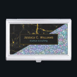 Caja Para Tarjetas De Visita Purpurina colorido y mármol negro<br><div class="desc">Elegante diseño geométrico moderno con purpurina colorido de mármol negro con acentos dorados.</div>