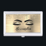 Caja Para Tarjetas De Visita Purpurina de oro Esparkle Eyelashes Monograma Nomb<br><div class="desc">Purpurina de la espuma metálica del Relieve metalizado de la imitación dorada Cepillaron el nombre del monograma Metalizado y las pestañas iniciales (pestañas), las extensiones de la pestañas y el soporte de la tarjeta de visita de los ojos. Esto hace que el dulce perfecto cumpleaños 16, boda, ducha de novia,...</div>