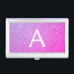 Caja Para Tarjetas De Visita Purpurina morado rosado y monograma espumoso<br><div class="desc">Purpurina de imitación rosa y púrpura Ombre y elegante portador de tarjetas Monograma. Este titular de tarjeta de visita puede ser personalizado para incluir su nombre inicial y su nombre.</div>