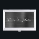 Caja Para Tarjetas De Visita Relieve metalizado metálico negro - Negocio modern<br><div class="desc">Relieve metalizado negro Metálico Acero inoxidable Minimalista titular de tarjeta de visita con tipografía de escritura blanca con letras blancas para el monograma. Los titulares de tarjetas de visita Metalizado de Relieve metalizado se pueden personalizar con su nombre. Póngase en contacto con el diseñador para obtener elementos coincidentes personalizados.</div>