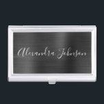 Caja Para Tarjetas De Visita Relieve metalizado metálico negro - Negocio modern<br><div class="desc">Relieve metalizado negro Metálico Acero inoxidable Minimalista titular de tarjeta de visita con tipografía de escritura blanca con letras blancas para el monograma. Los titulares de tarjetas de visita Metalizado de Relieve metalizado se pueden personalizar con su nombre. Póngase en contacto con el diseñador para obtener elementos coincidentes personalizados.</div>