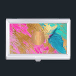 Caja Para Tarjetas De Visita Resumen arte trazos pintados acrílicos monograma o<br><div class="desc">Arte moderno de moda pintura abstracta glamorosa de acrílico cepillado en negrita color turquesa verde azulado, azul, rosa caliente y falso oro haciendo un elegante titular de tarjeta de visita con un falso círculo geométrico monogramado de cobre de oro metálico para un artista de maquillaje | planificador de bodas |...</div>