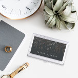 Caja Para Tarjetas De Visita Rosa Gold Marquee | Personalizado<br><div class="desc">El elegante titular de la tarjeta de visita muestra su nombre y/o nombre de negocio con letras blancas clásicas en un fondo negro suave y rico con cadenas en cascada de luces falsas de Relieve metalizado dorado rosa.</div>