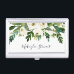Caja Para Tarjetas De Visita Rosas florales y nombre de la vegetación Girly Ele<br><div class="desc">Elegante funda de tarjetas de visita con rosas blancas color agua y vegetación junto con tu nombre en un elegante tipo de letra manuscrita. Esta funda femenina de tarjetas de visita es ideal para un técnico de extensión de latigazos,  maquillador,  peluquero o cualquier empresa de propiedad de una mujer.</div>